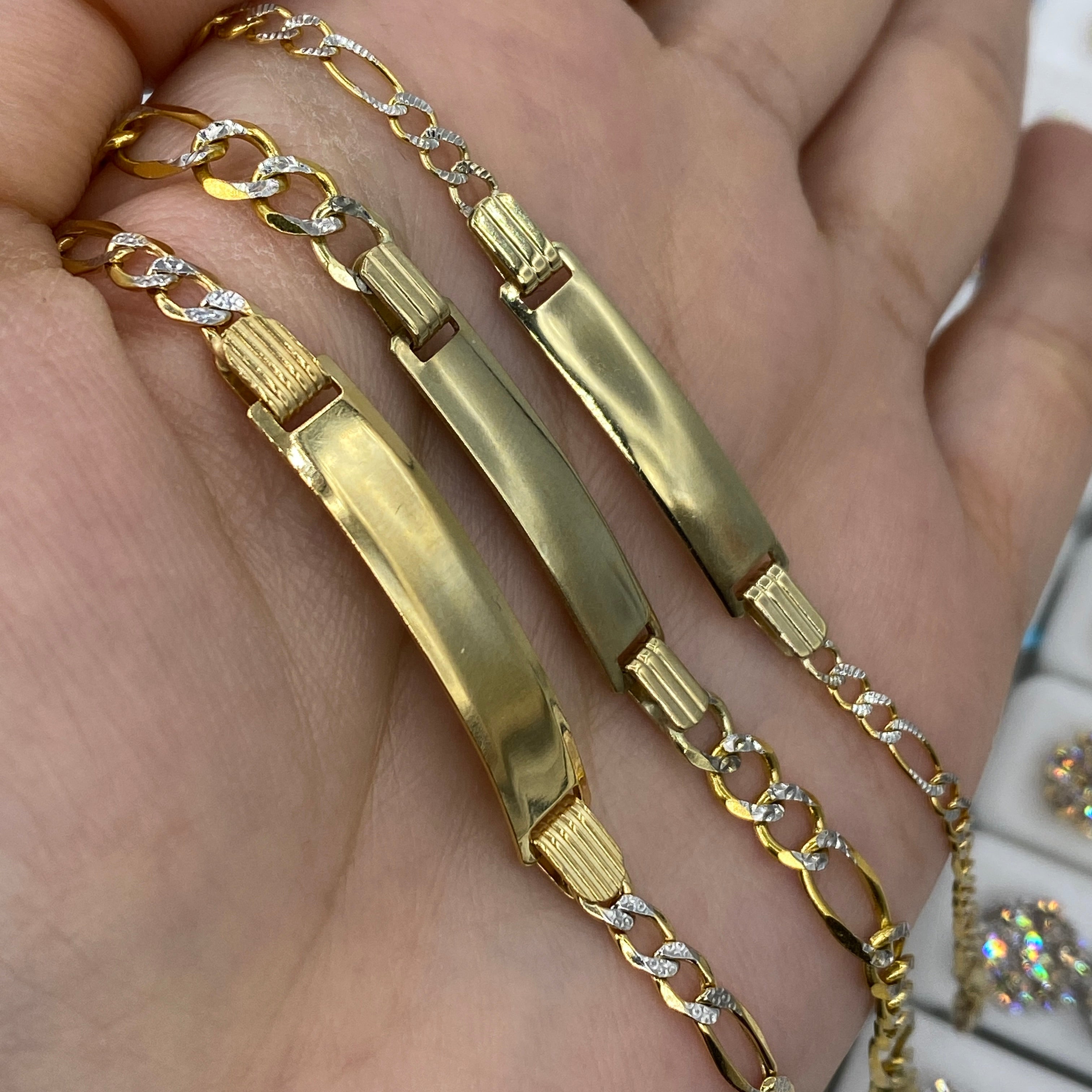 10K Custom Name Plate Two-Tone Figaro Link Baby Bracelet – Jason's Jewelry  Creations